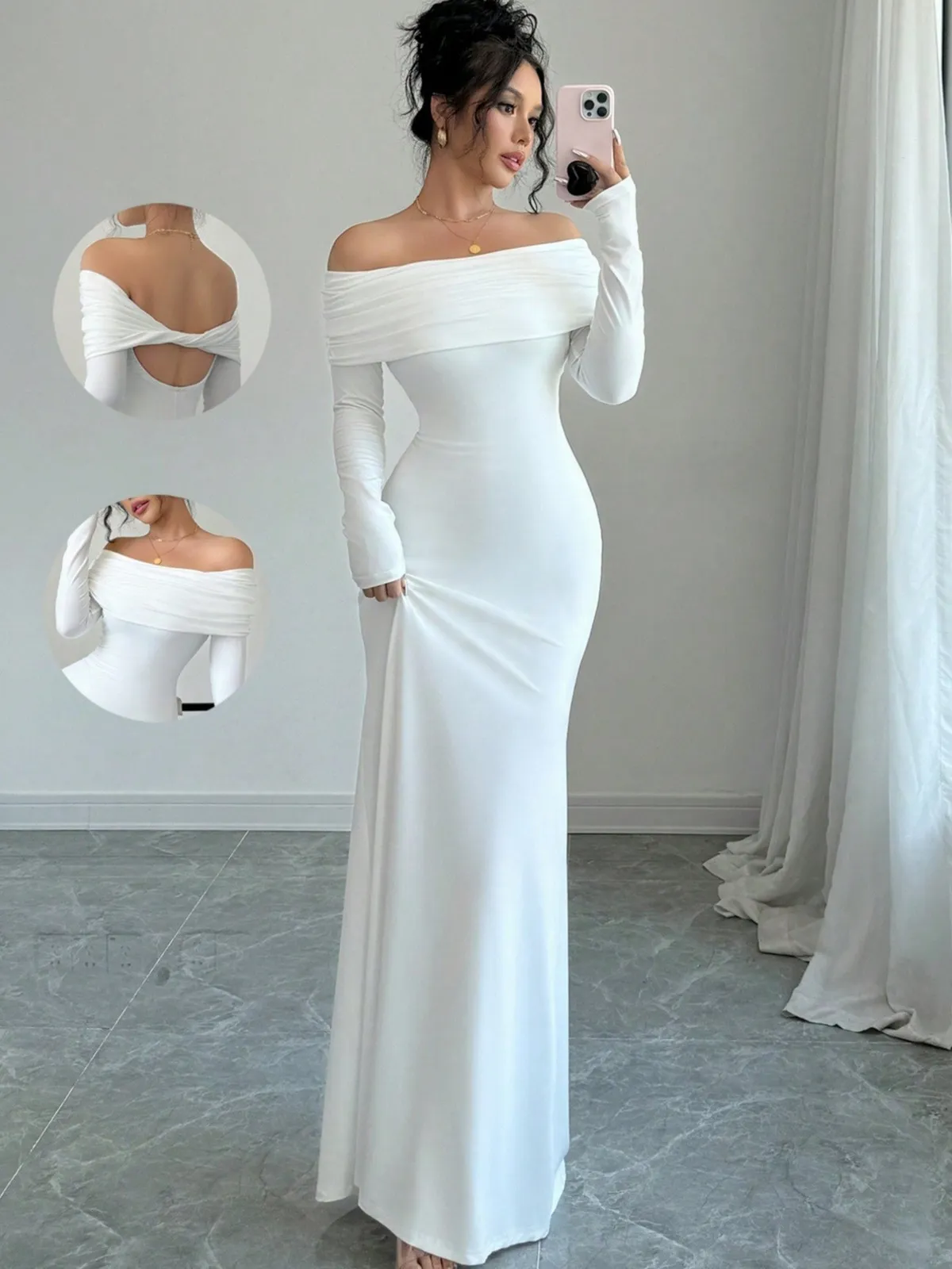 Elegant Women's Off-Shoulder Pleated Long Evening Dress - Fashionable Hip-Hugging Design for Special Occasions showcase 4