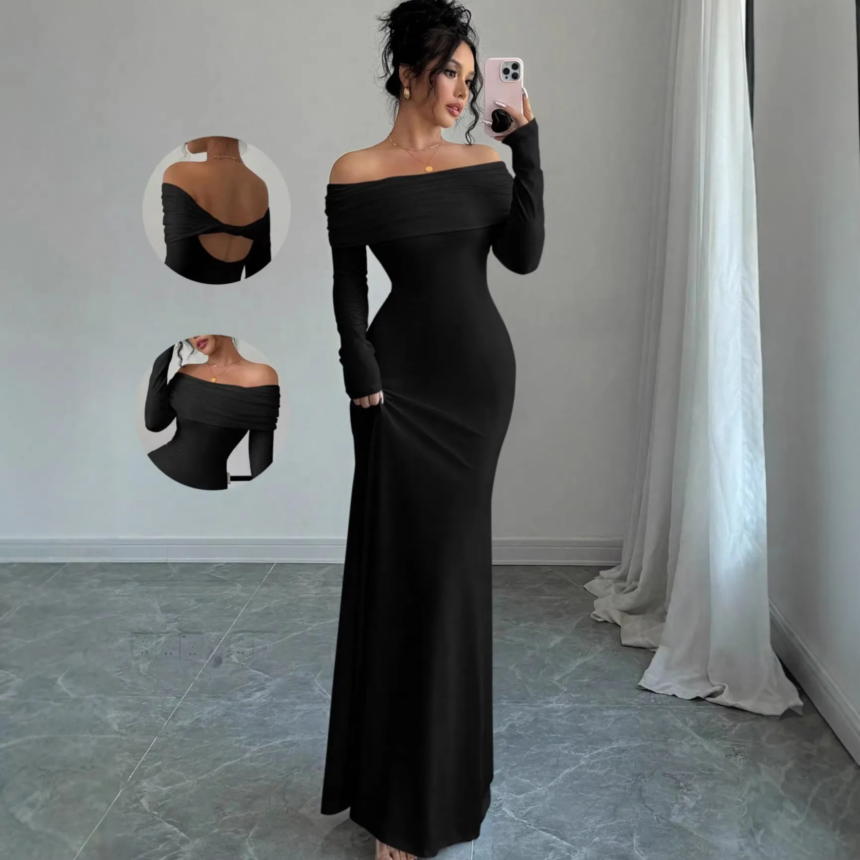 Elegant Women's Off-Shoulder Pleated Long Evening Dress - Fashionable Hip-Hugging Design for Special Occasions thumbnail 1