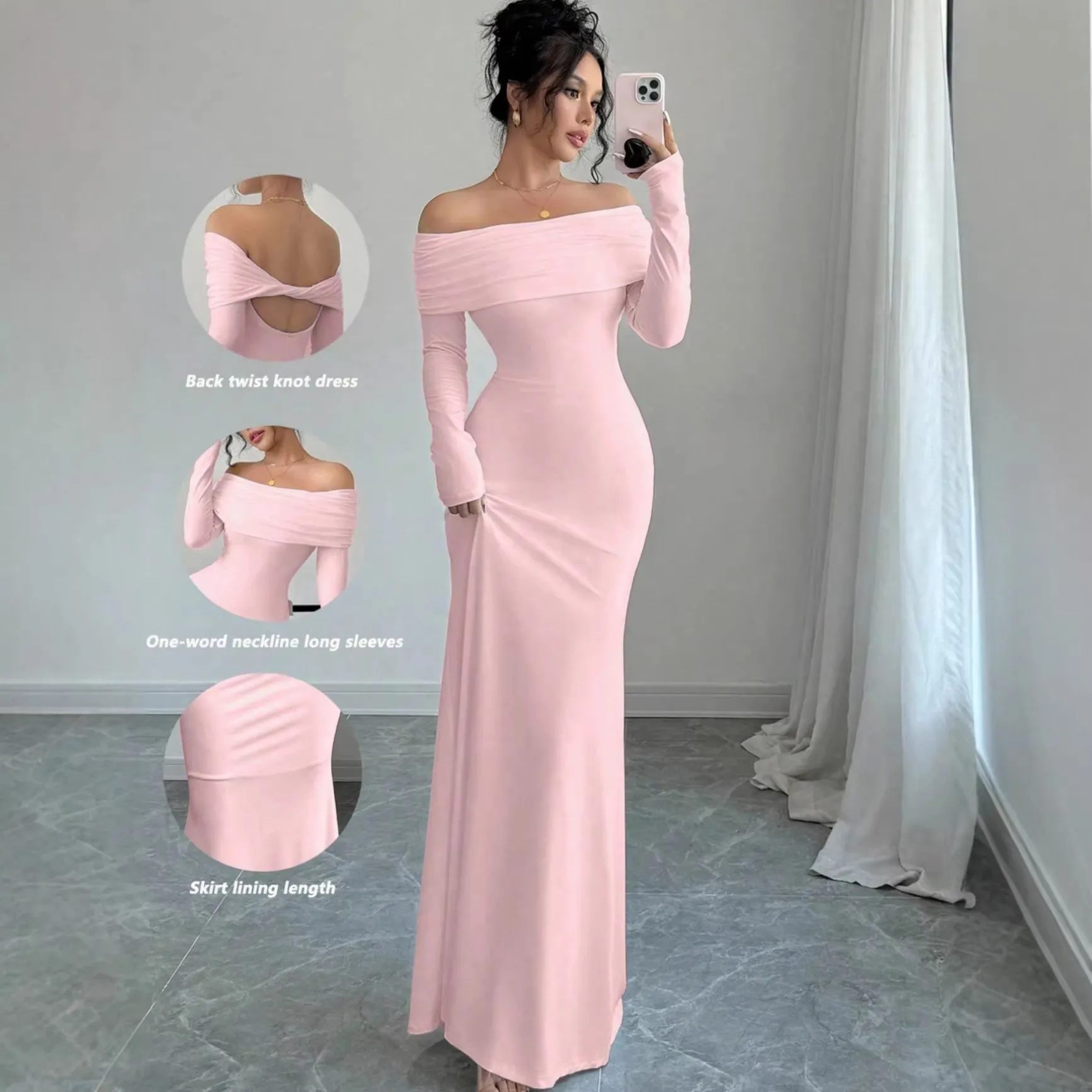 Elegant Women's Off-Shoulder Pleated Long Evening Dress - Fashionable Hip-Hugging Design for Special Occasions thumbnail 4