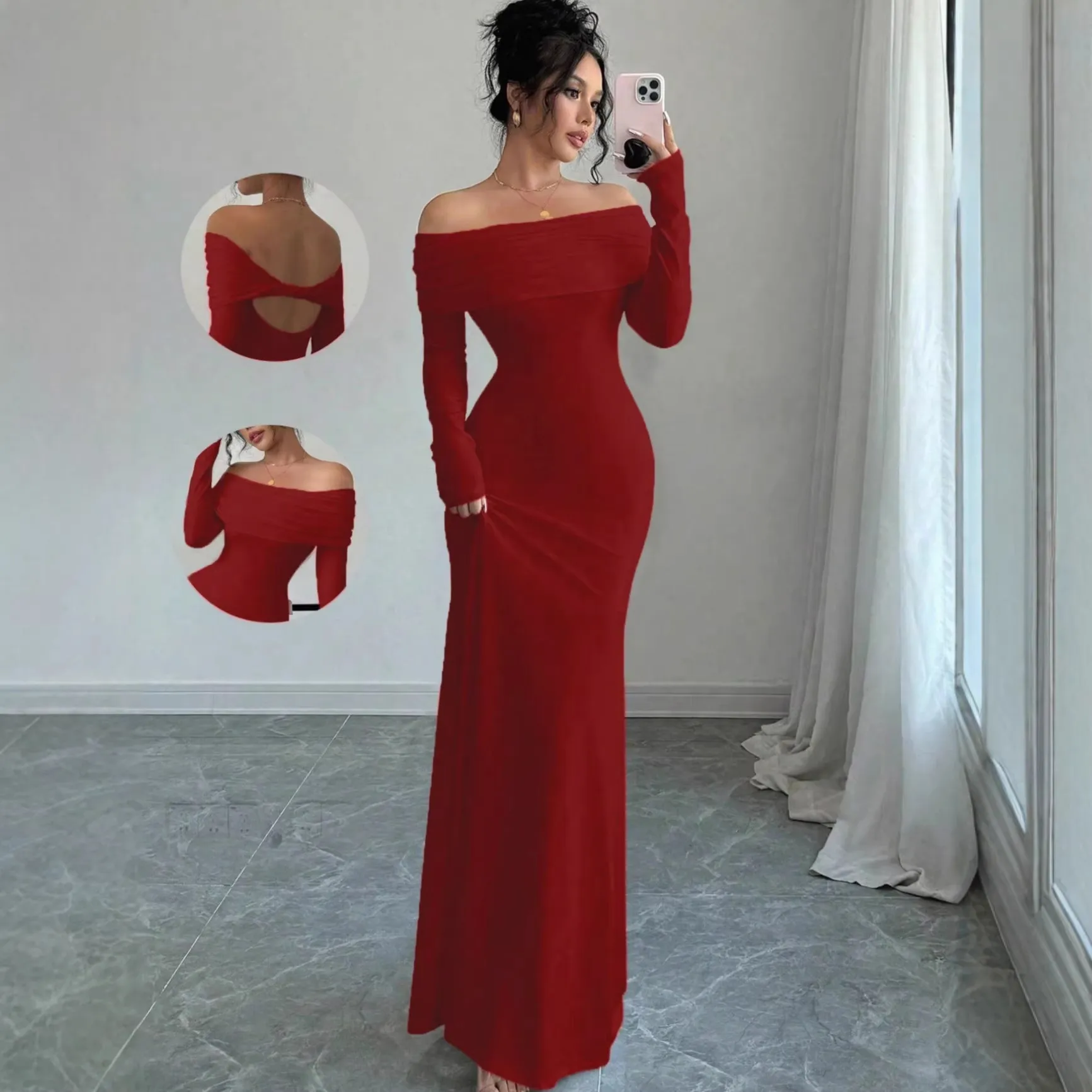 Elegant Women's Off-Shoulder Pleated Long Evening Dress - Fashionable Hip-Hugging Design for Special Occasions thumbnail 3