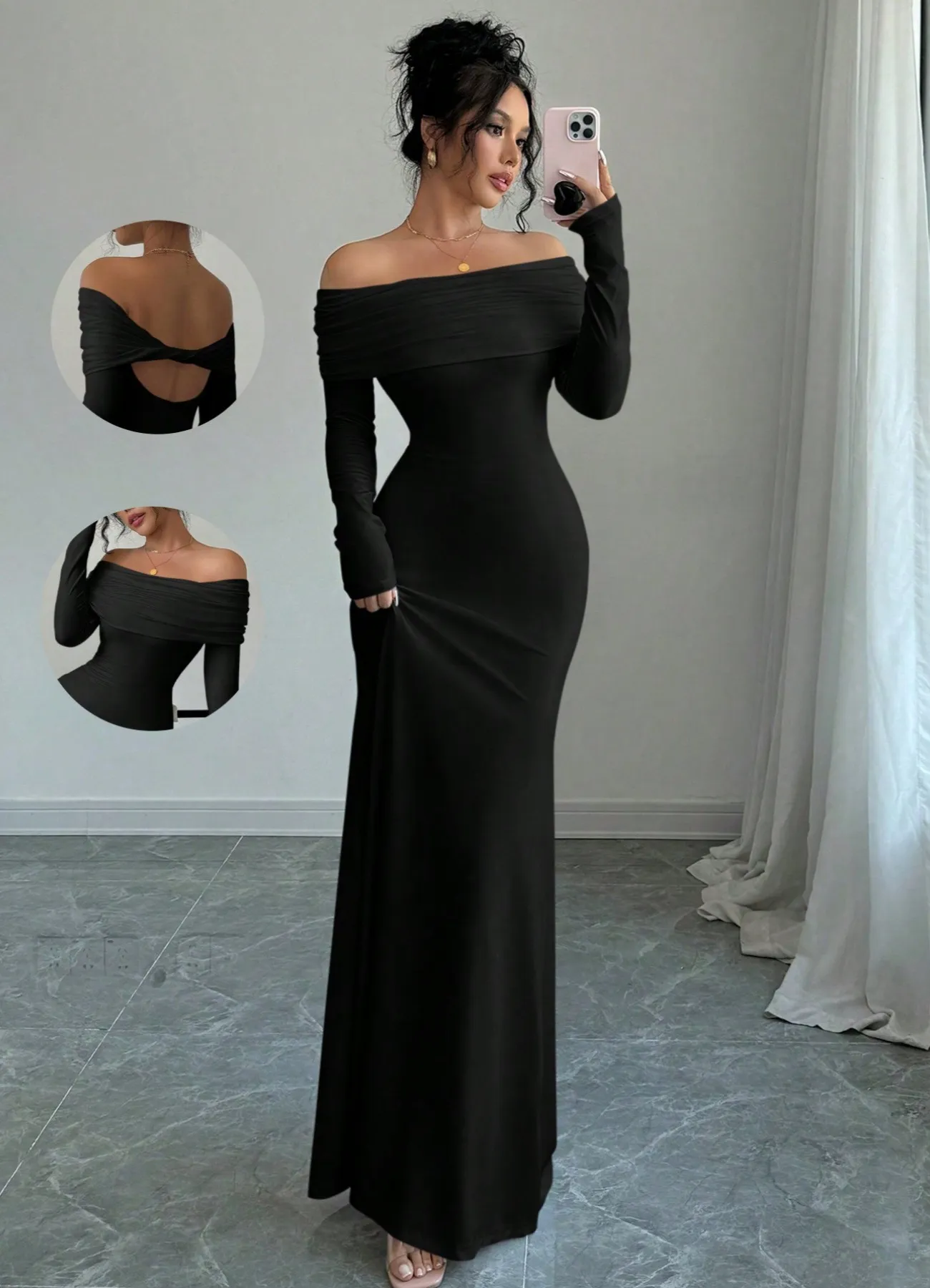 Elegant Women's Off-Shoulder Pleated Long Evening Dress - Fashionable Hip-Hugging Design for Special Occasions thumbnail 6