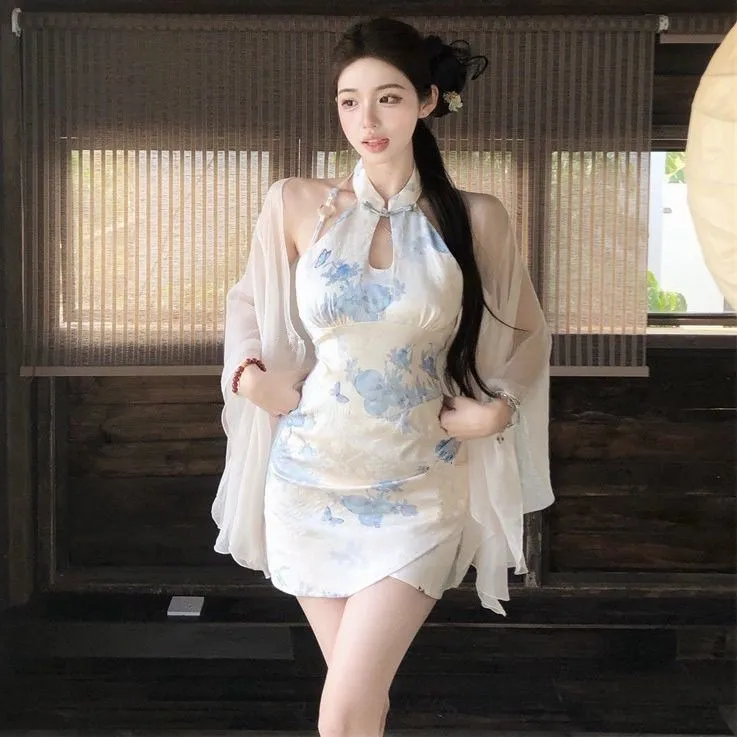 Chinese Style Retro Sleeveless Printed Cheongsam Dress - Feminine Lady Hip-Hugging Short Skirt for Summer Parties showcase 4