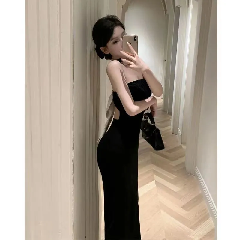 Sexy Black Halter Neck Summer Dress for Women - Slim Fit Bow Detail Sheath Skirt with Split - Hot Girl Style Party Wear - Image 4