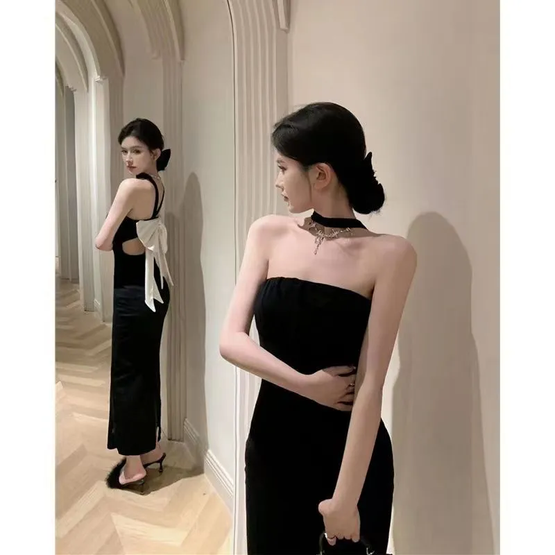 Sexy Black Halter Neck Summer Dress for Women - Slim Fit Bow Detail Sheath Skirt with Split - Hot Girl Style Party Wear showcase 9