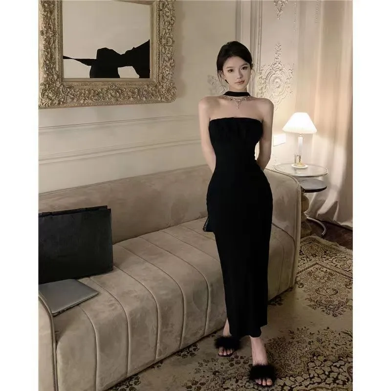 Sexy Black Halter Neck Summer Dress for Women - Slim Fit Bow Detail Sheath Skirt with Split - Hot Girl Style Party Wear - Image 2