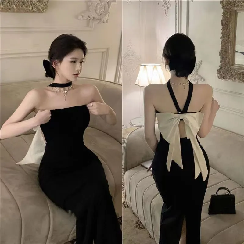 Sexy Black Halter Neck Summer Dress for Women - Slim Fit Bow Detail Sheath Skirt with Split - Hot Girl Style Party Wear - Image 6