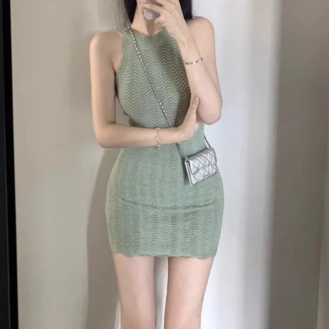 Women's Sexy Sleeveless Halter Knit Dress Summer Style Tight Hip Skirt for Evening Parties and Night Out thumbnail 1