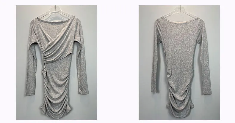 Women's Grey Long Sleeve Tight Hip Dress - Sexy Chest Fashionable Korean Style for Evening Outings showcase 4