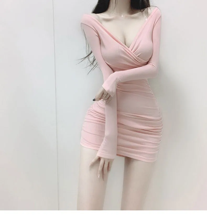 Women's Grey Long Sleeve Tight Hip Dress - Sexy Chest Fashionable Korean Style for Evening Outings showcase 17