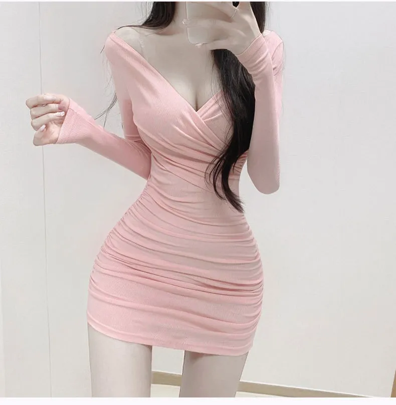Women's Grey Long Sleeve Tight Hip Dress - Sexy Chest Fashionable Korean Style for Evening Outings showcase 16