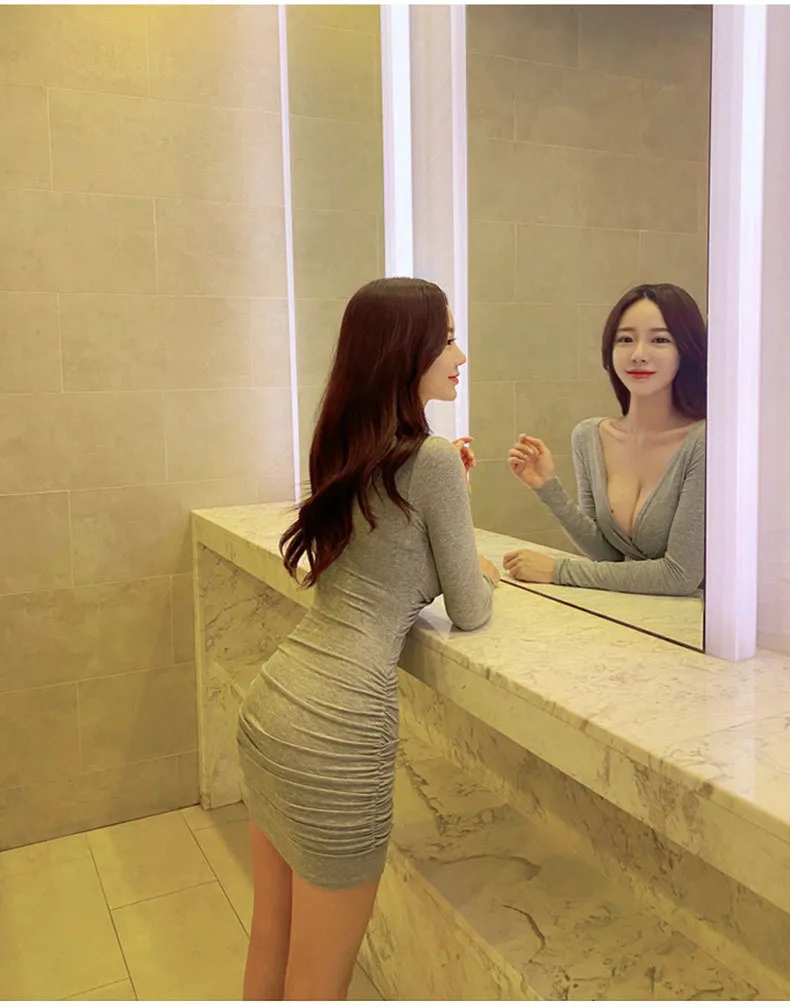 Women's Grey Long Sleeve Tight Hip Dress - Sexy Chest Fashionable Korean Style for Evening Outings showcase 6