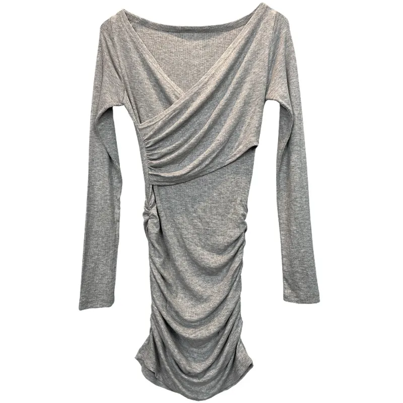 Women's Grey Long Sleeve Tight Hip Dress - Sexy Chest Fashionable Korean Style for Evening Outings thumbnail 5