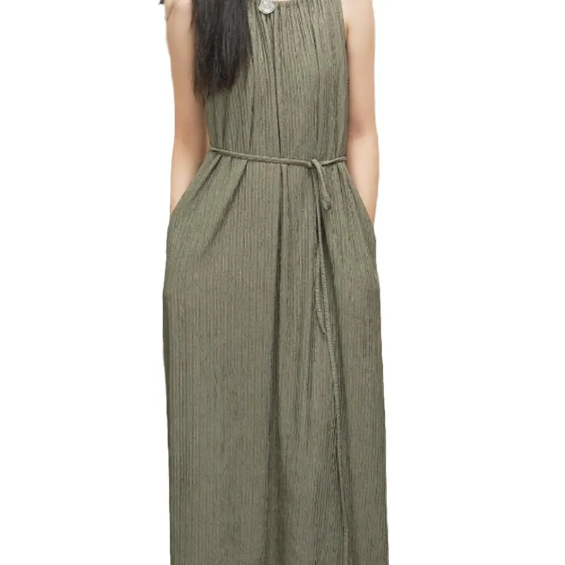 2025 French Style Elegant Black Pleated Strap Waist Vest Long Dress for Women - Chic Sleeveless A-Line Maxi Gown thumbnail 5