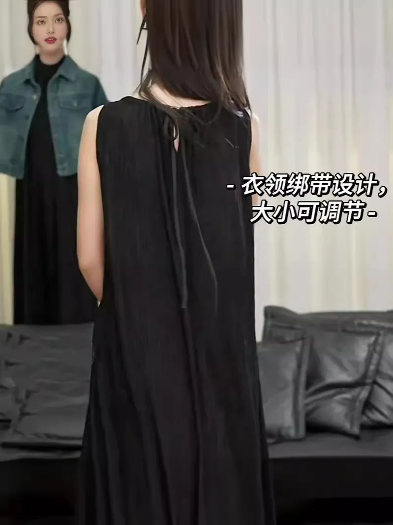 2025 French Style Elegant Black Pleated Strap Waist Vest Long Dress for Women - Chic Sleeveless A-Line Maxi Gown showcase 6