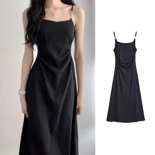 Women's Petite Black Floral Spaghetti Strap Dress - Summer New Style, Waist-Cinching, Slimming Short Dress for Elegant Look showcase 1