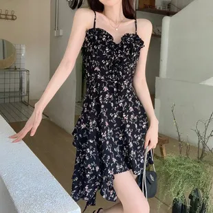 Women's Petite Black Floral Spaghetti Strap Dress - Summer New Style, Waist-Cinching, Slimming Short Dress for Elegant Look showcase 9