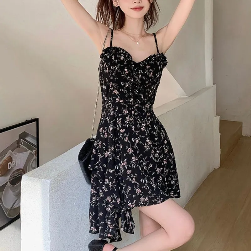 Women's Petite Black Floral Spaghetti Strap Dress - Summer New Style, Waist-Cinching, Slimming Short Dress for Elegant Look thumbnail 3