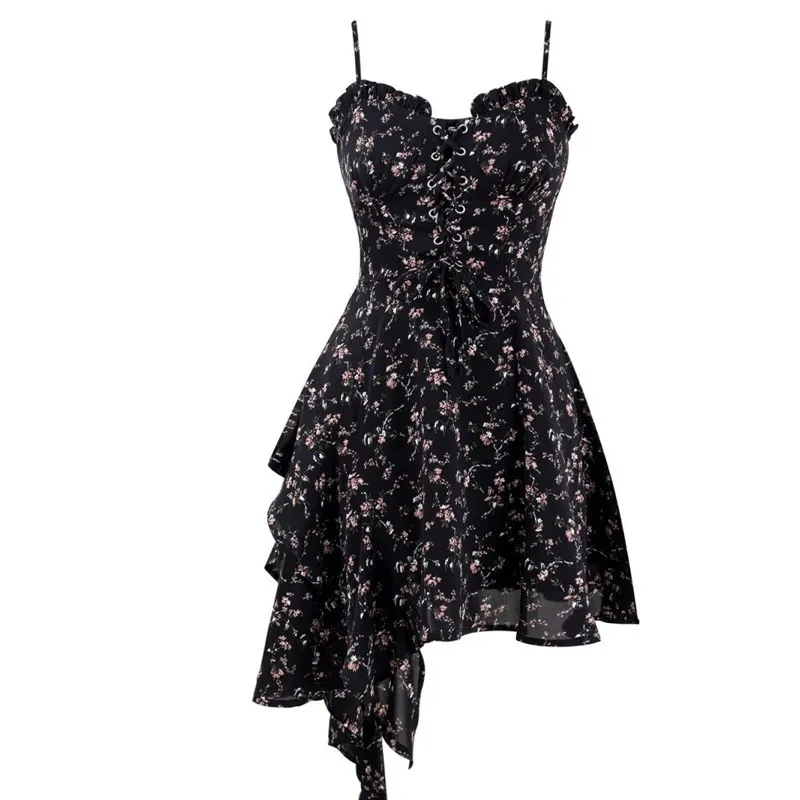 Women's Petite Black Floral Spaghetti Strap Dress - Summer New Style, Waist-Cinching, Slimming Short Dress for Elegant Look thumbnail 5
