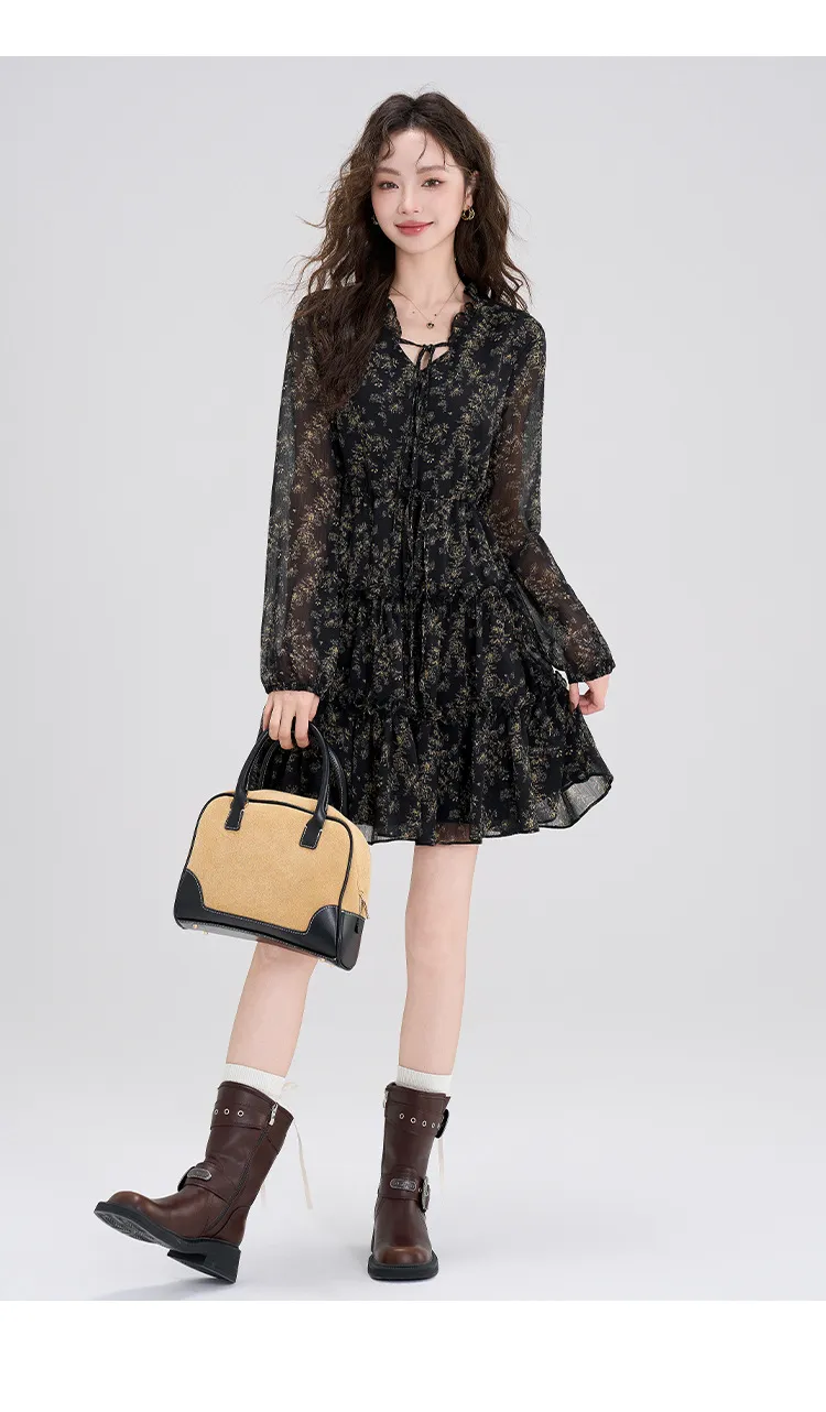 Summer Chiffon Floral Dress Women's Retro Petite Slimming Waist-Cinching Little Black Dress for Autumn Winter Style showcase 13