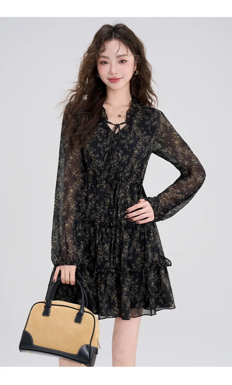 Summer Chiffon Floral Dress Women's Retro Petite Slimming Waist-Cinching Little Black Dress for Autumn Winter Style showcase 8