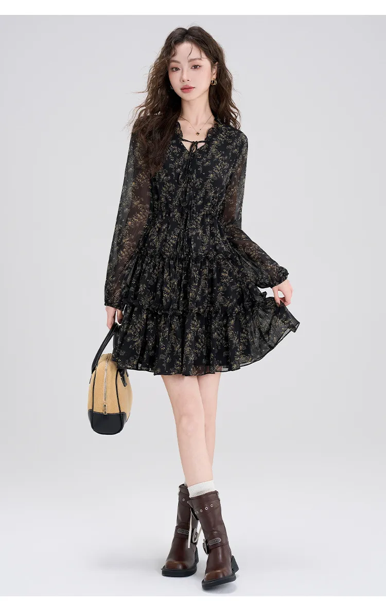Summer Chiffon Floral Dress Women's Retro Petite Slimming Waist-Cinching Little Black Dress for Autumn Winter Style showcase 15
