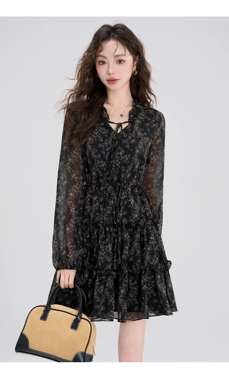 Summer Chiffon Floral Dress Women's Retro Petite Slimming Waist-Cinching Little Black Dress for Autumn Winter Style showcase 5