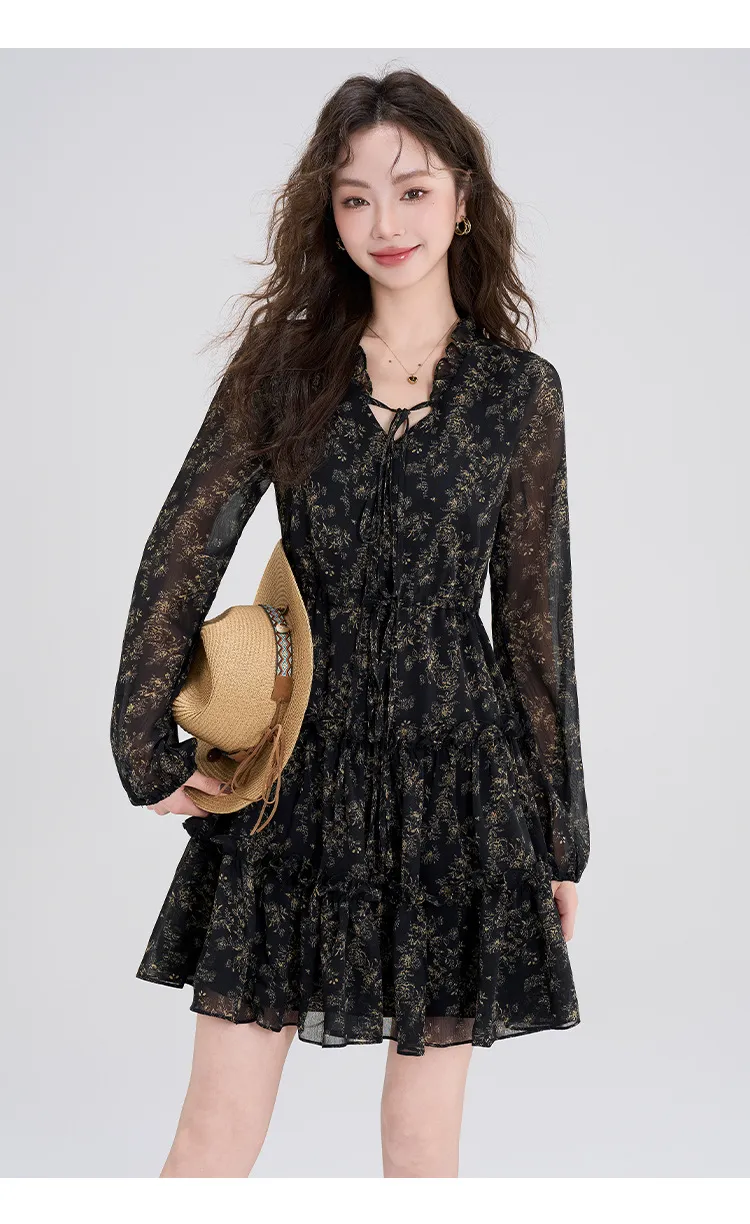 Summer Chiffon Floral Dress Women's Retro Petite Slimming Waist-Cinching Little Black Dress for Autumn Winter Style showcase 7