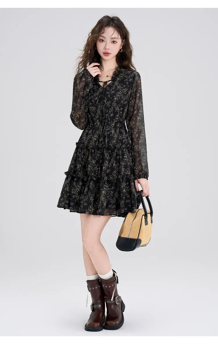 Summer Chiffon Floral Dress Women's Retro Petite Slimming Waist-Cinching Little Black Dress for Autumn Winter Style showcase 16