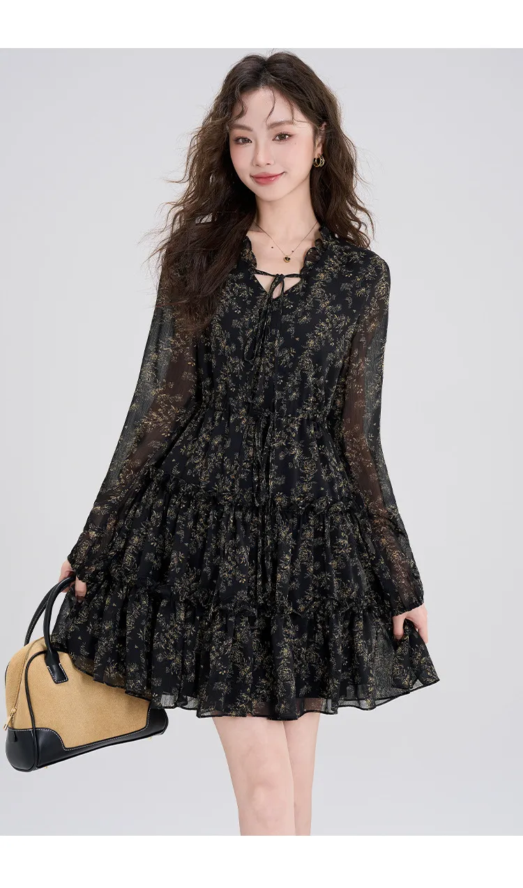 Summer Chiffon Floral Dress Women's Retro Petite Slimming Waist-Cinching Little Black Dress for Autumn Winter Style showcase 4