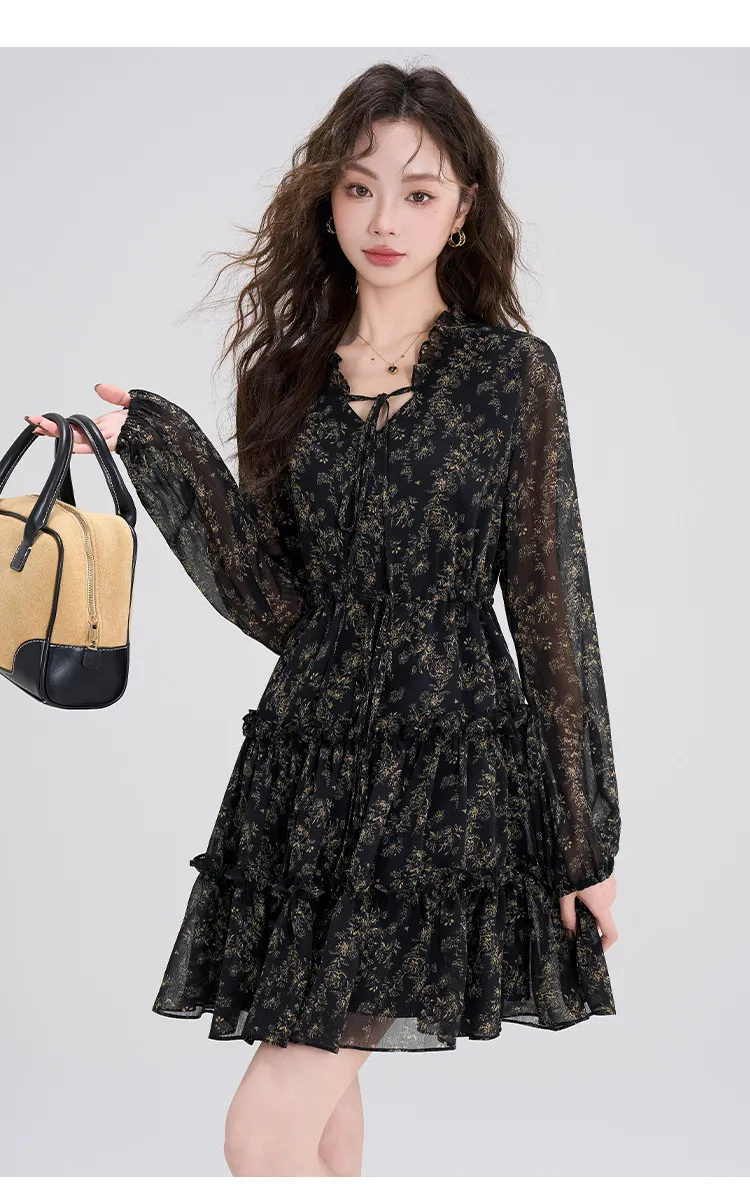 Summer Chiffon Floral Dress Women's Retro Petite Slimming Waist-Cinching Little Black Dress for Autumn Winter Style showcase 3