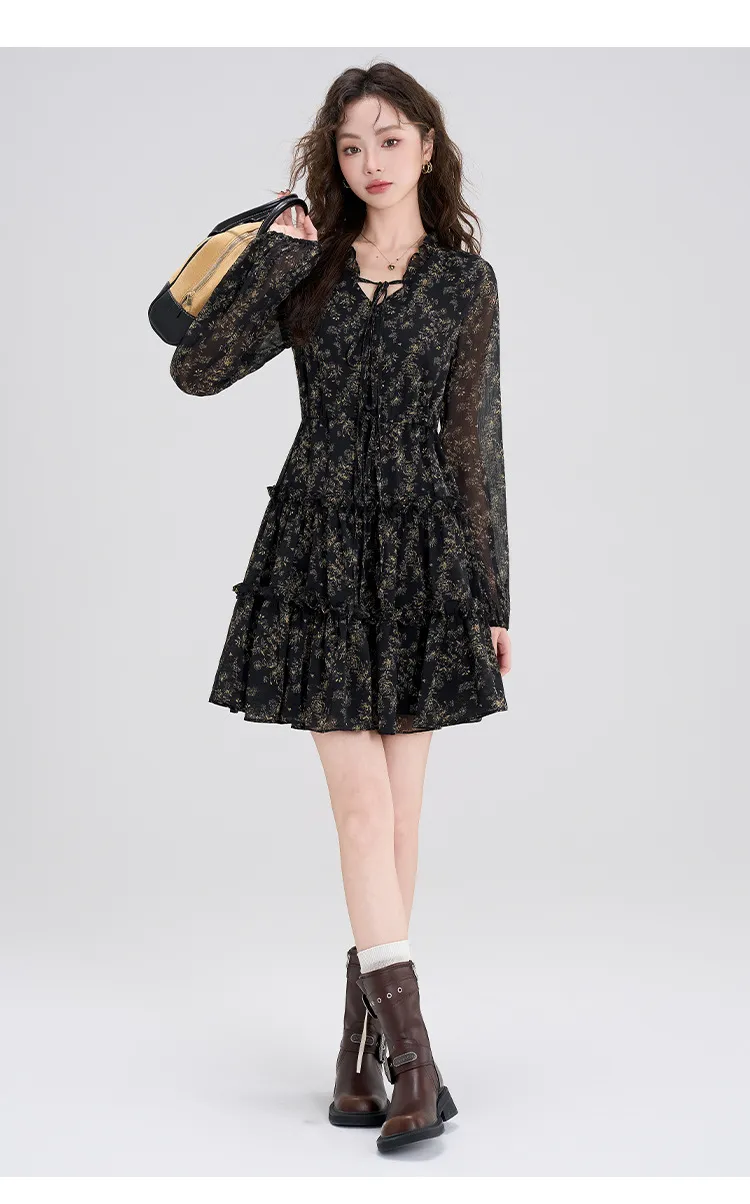 Summer Chiffon Floral Dress Women's Retro Petite Slimming Waist-Cinching Little Black Dress for Autumn Winter Style showcase 17