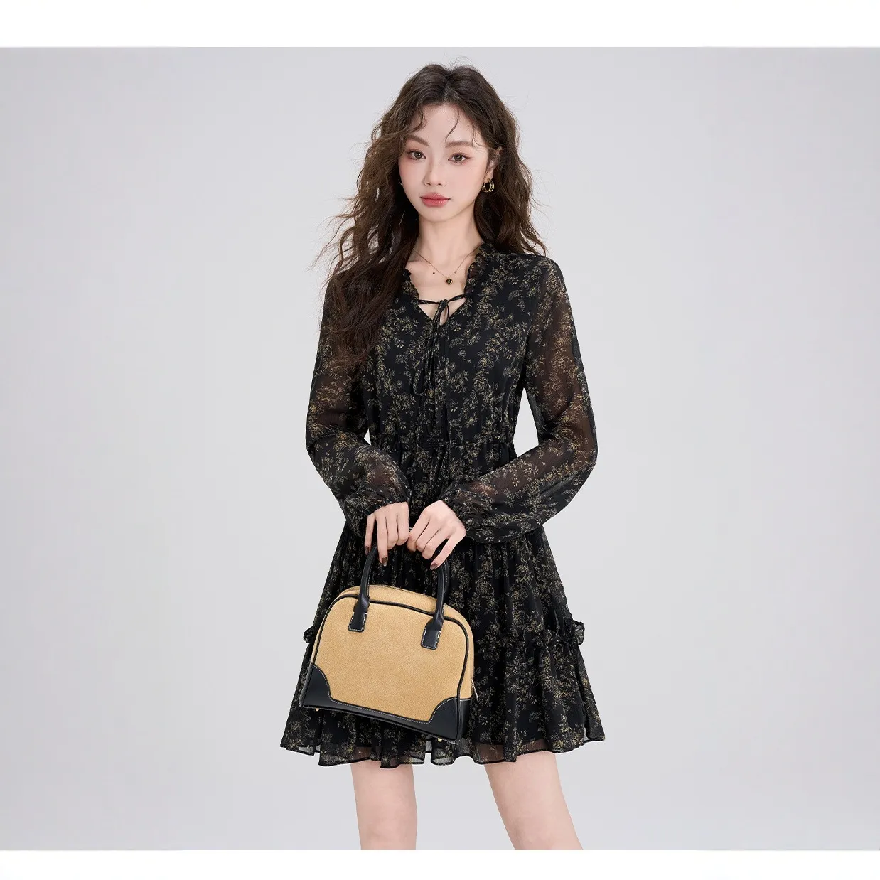 Summer Chiffon Floral Dress Women's Retro Petite Slimming Waist-Cinching Little Black Dress for Autumn Winter Style thumbnail 2