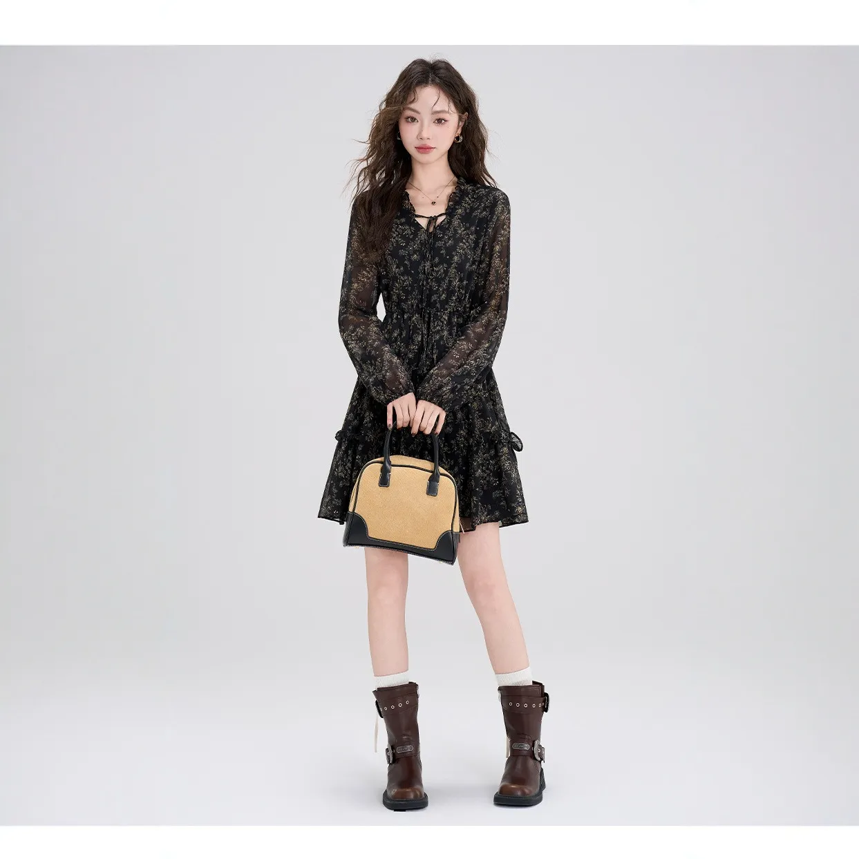 Summer Chiffon Floral Dress Women's Retro Petite Slimming Waist-Cinching Little Black Dress for Autumn Winter Style thumbnail 3