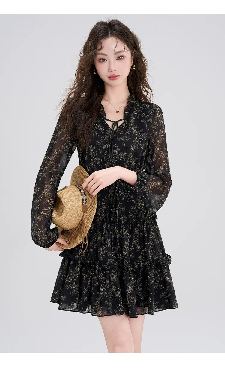Summer Chiffon Floral Dress Women's Retro Petite Slimming Waist-Cinching Little Black Dress for Autumn Winter Style showcase 12