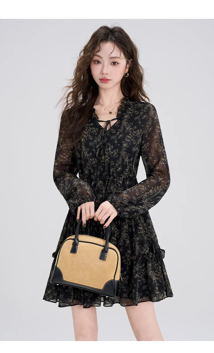 Summer Chiffon Floral Dress Women's Retro Petite Slimming Waist-Cinching Little Black Dress for Autumn Winter Style showcase 2