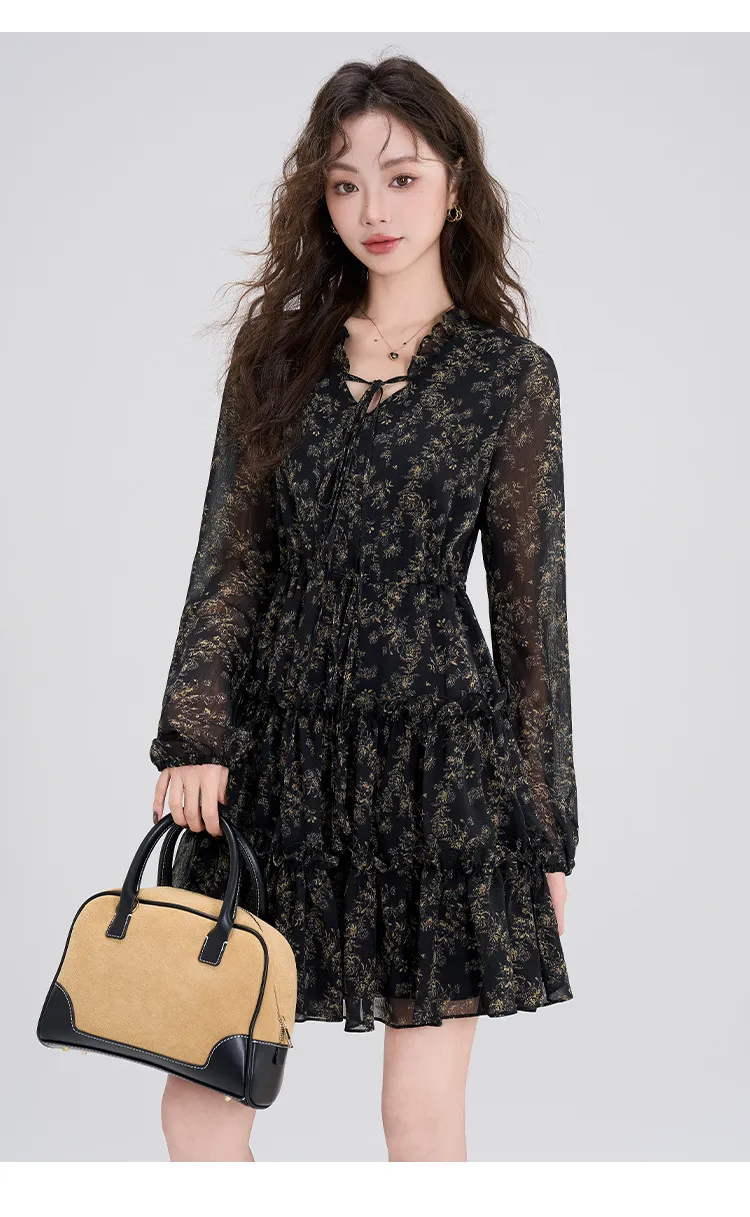 Summer Chiffon Floral Dress Women's Retro Petite Slimming Waist-Cinching Little Black Dress for Autumn Winter Style showcase 6
