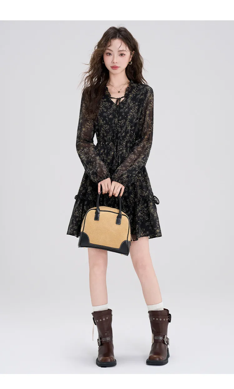 Summer Chiffon Floral Dress Women's Retro Petite Slimming Waist-Cinching Little Black Dress for Autumn Winter Style showcase 9