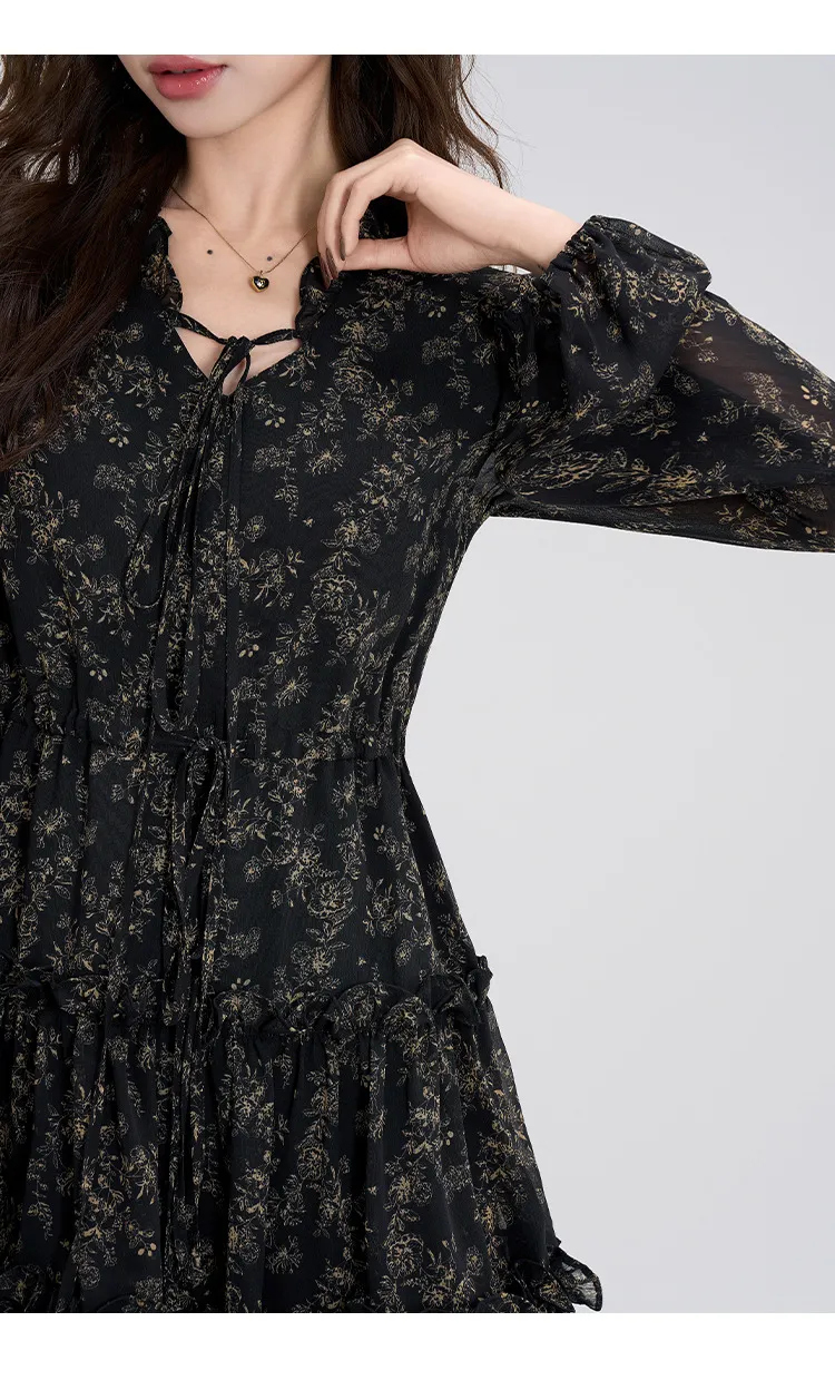 Summer Chiffon Floral Dress Women's Retro Petite Slimming Waist-Cinching Little Black Dress for Autumn Winter Style showcase 11