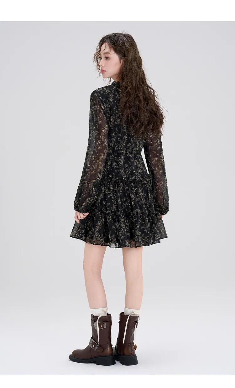 Summer Chiffon Floral Dress Women's Retro Petite Slimming Waist-Cinching Little Black Dress for Autumn Winter Style showcase 18