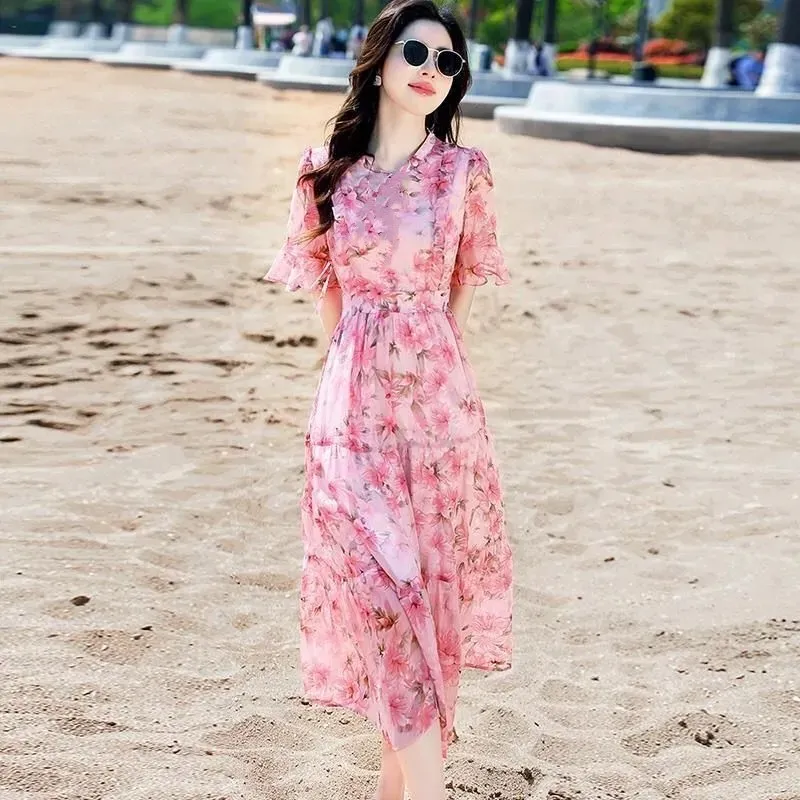 Women's Mid-Length Printed Dress Summer 2026 French High-Waisted Design Elegant Casual Fashion thumbnail 4