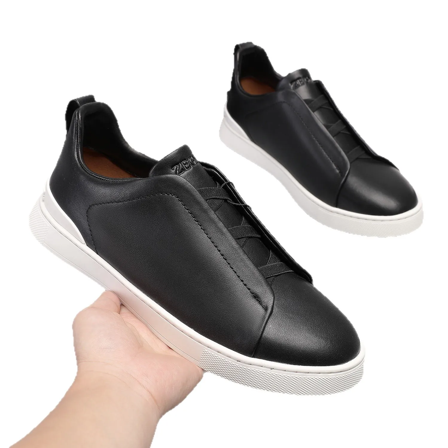 Men's Lightweight Cowhide Leather Sneakers, Breathable Slip-On Casual Sports Shoes, Versatile Low-Cut White Tennis Shoes for Daily Wear thumbnail 5