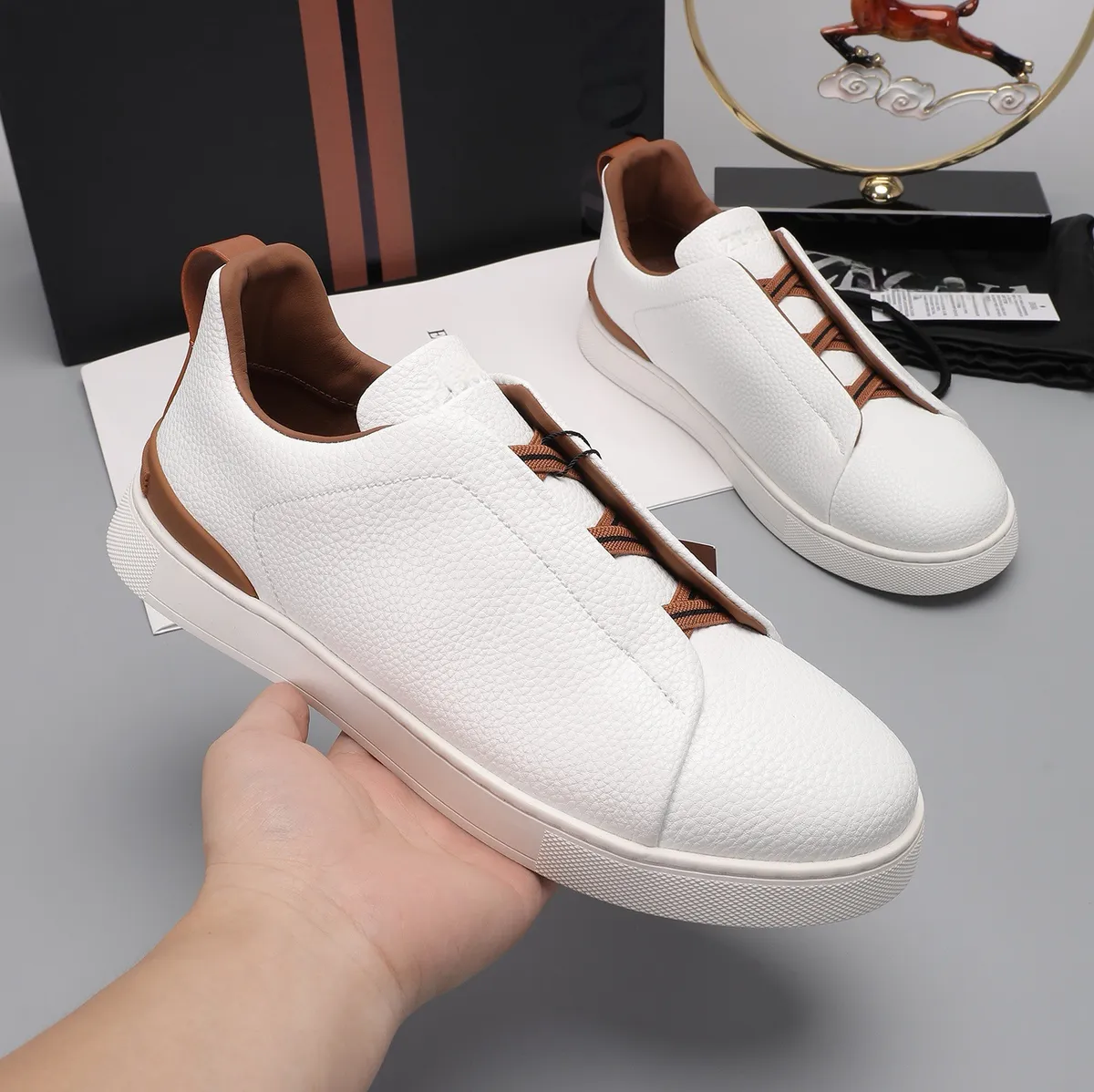 Men's Lightweight Cowhide Leather Sneakers, Breathable Slip-On Casual Sports Shoes, Versatile Low-Cut White Tennis Shoes for Daily Wear showcase 20