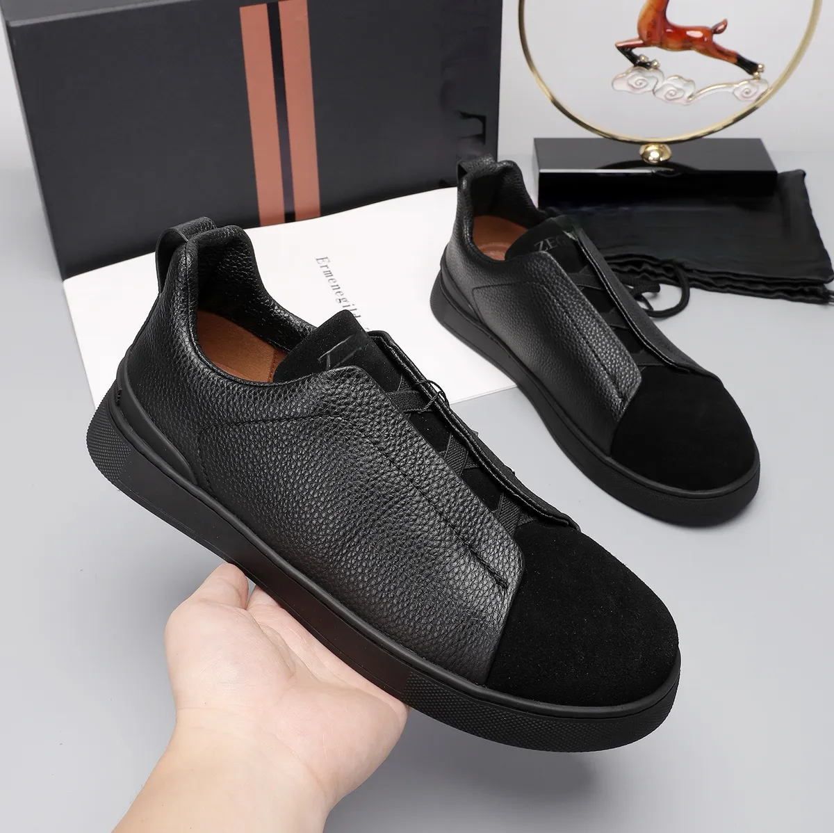 Men's Lightweight Cowhide Leather Sneakers, Breathable Slip-On Casual Sports Shoes, Versatile Low-Cut White Tennis Shoes for Daily Wear showcase 16