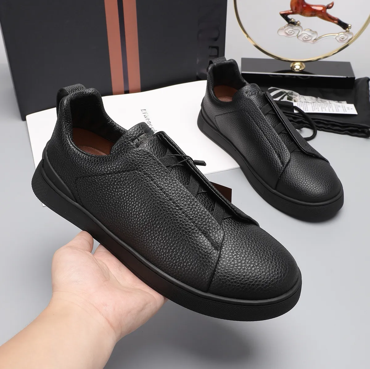 Men's Lightweight Cowhide Leather Sneakers, Breathable Slip-On Casual Sports Shoes, Versatile Low-Cut White Tennis Shoes for Daily Wear showcase 15
