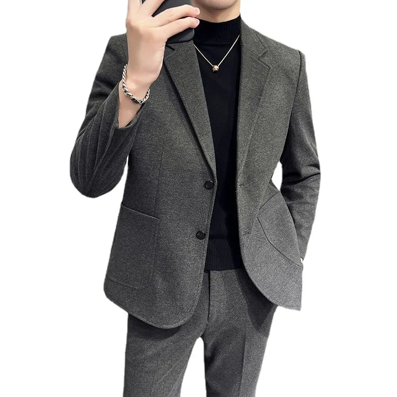 Men's Two-Piece Woolen Casual Suit Set - Korean & British Style Slim Fit for Spring/Autumn - Image 5