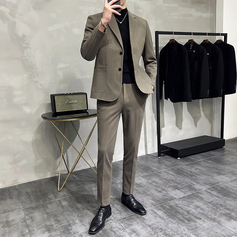 Men's Two-Piece Woolen Casual Suit Set - Korean & British Style Slim Fit for Spring/Autumn - Image 1