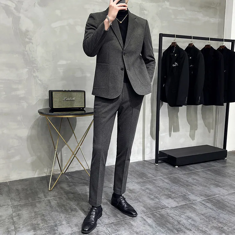 Men's Two-Piece Woolen Casual Suit Set - Korean & British Style Slim Fit for Spring/Autumn - Image 3