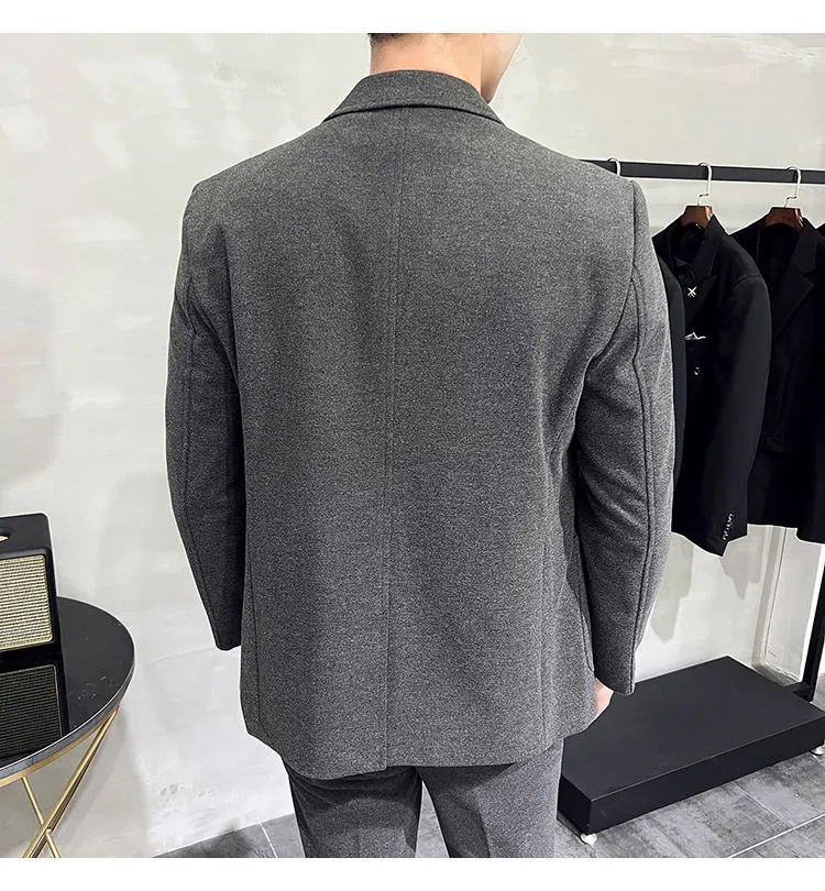 Men's Two-Piece Woolen Casual Suit Set - Korean & British Style Slim Fit for Spring/Autumn showcase 7