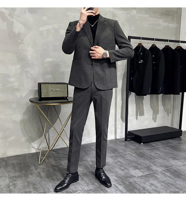 Men's Two-Piece Woolen Casual Suit Set - Korean & British Style Slim Fit for Spring/Autumn showcase 11