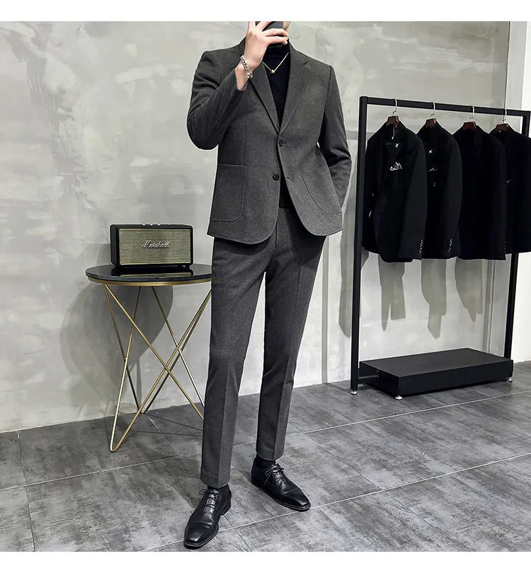 Men's Two-Piece Woolen Casual Suit Set - Korean & British Style Slim Fit for Spring/Autumn showcase 6